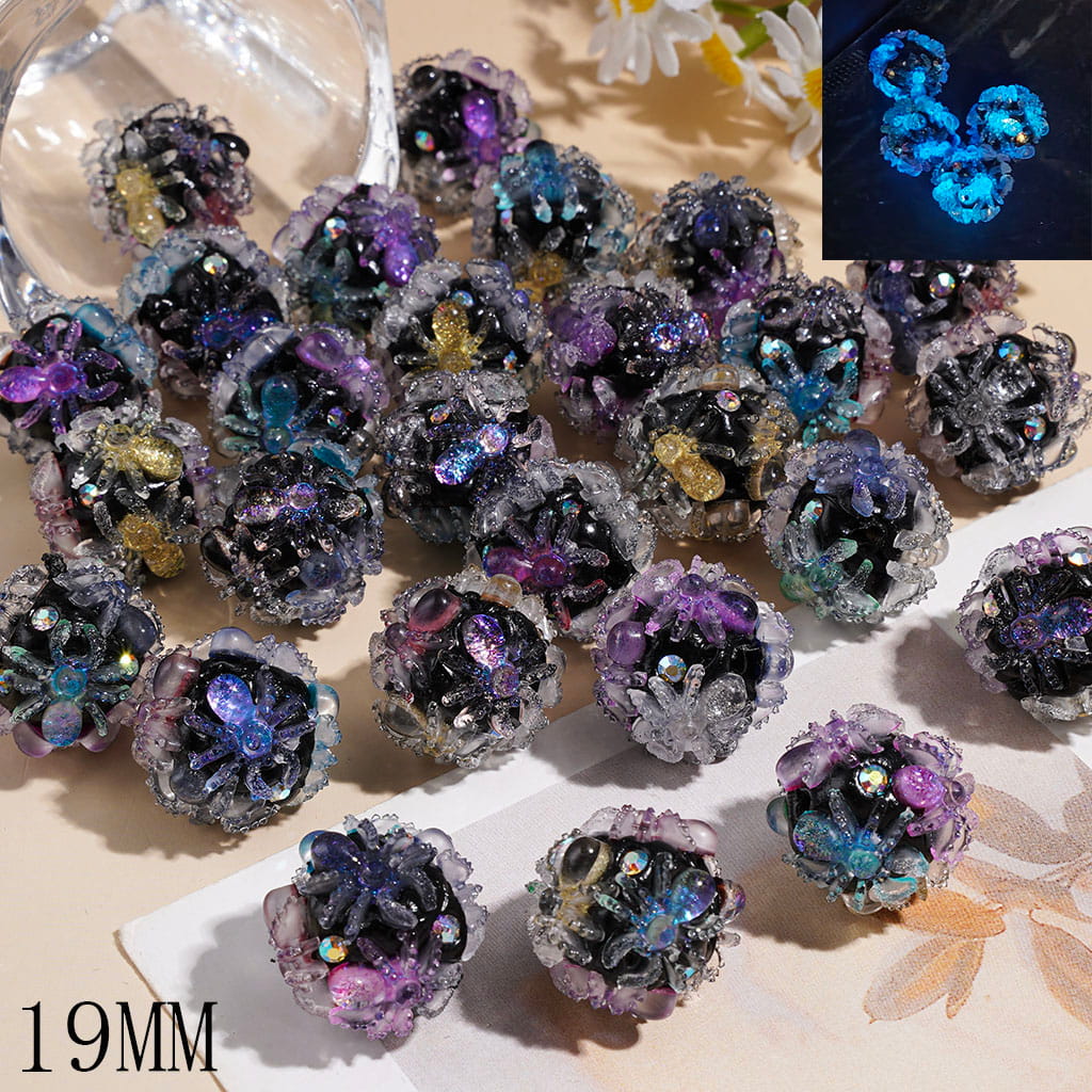 Clay Beads with Iridescent Glossy Spider and AB Rhinestones on Black Background, 19MM Multi-Color Random Mix
