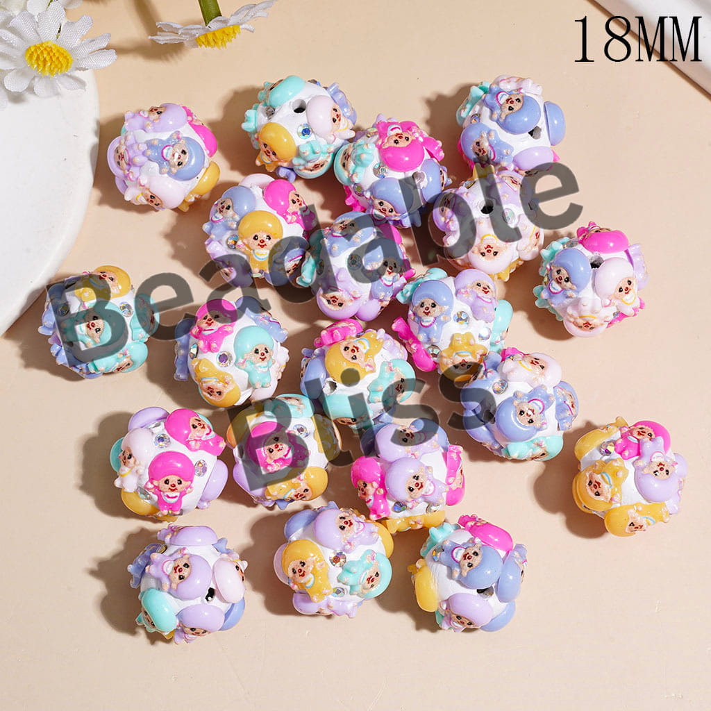 Clay Beads with AB Rhinestones and Monkey Doll in Macaron Colors, 18MM Random Mix