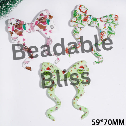 Silicone Focal Beads Bowknot with Long Ribbon & Christmas Green Character Mouse Gnome Patterns, 59*70MM