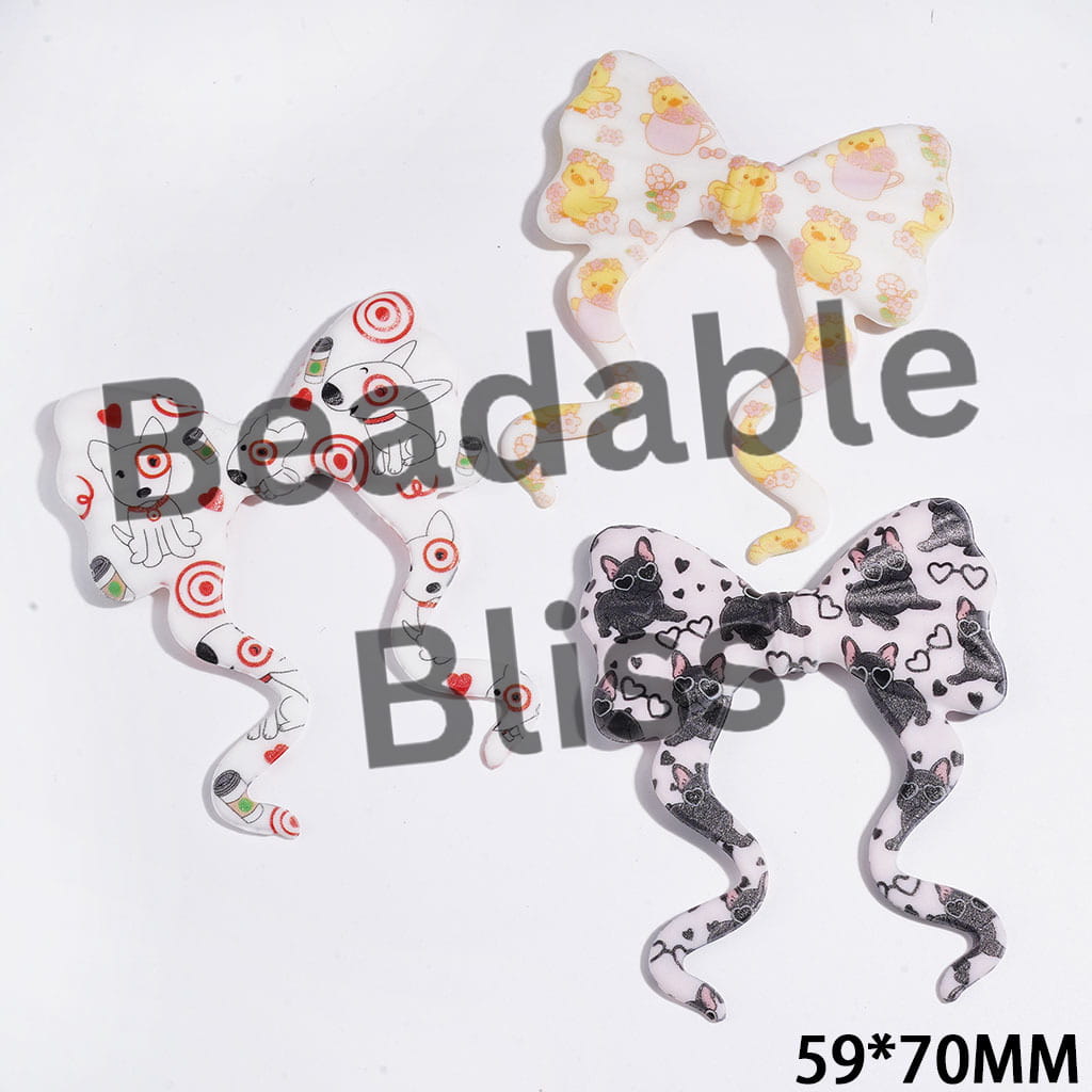 Printed PVC Soft Rubber Beads, Bowknot with Long Ribbon & Cute Dog Yellow Duck Patterns, 59*70MM, Random Mix