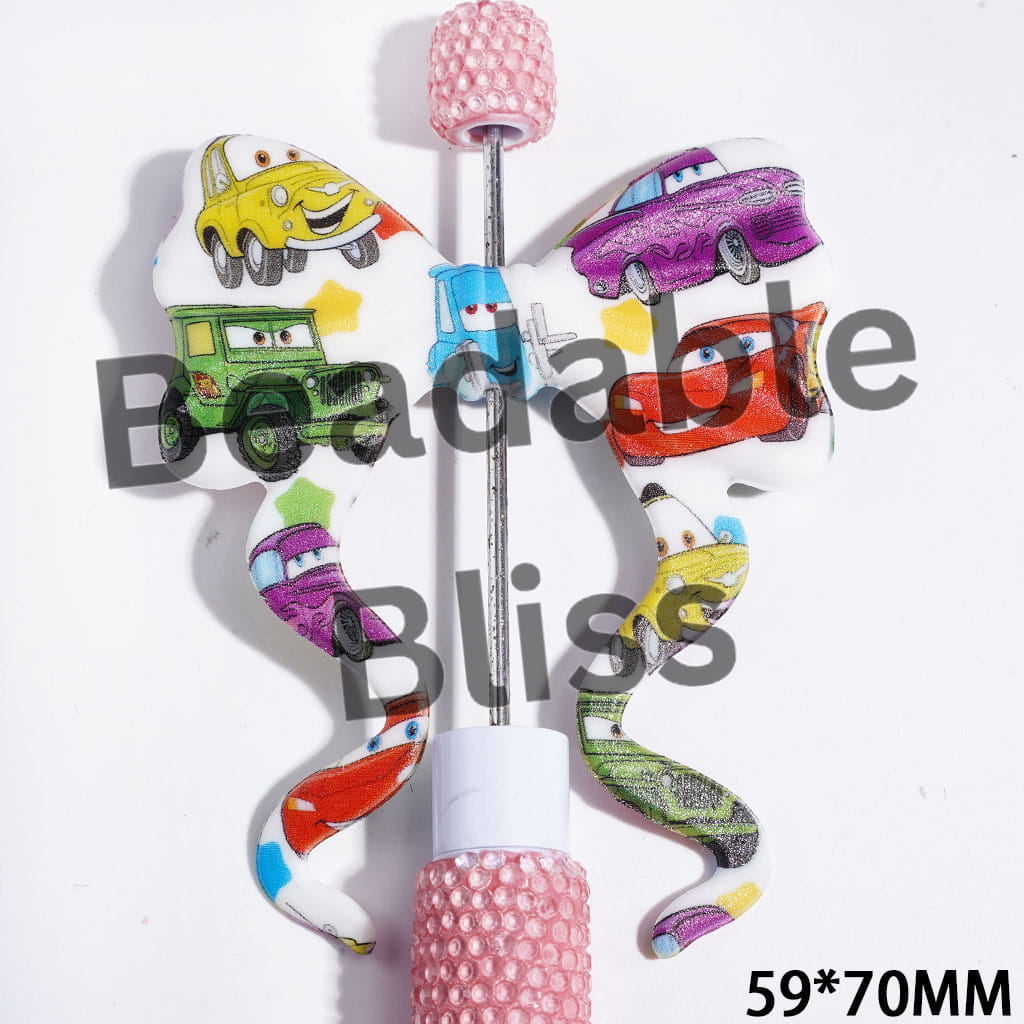 Printed PVC Soft Rubber Beads, Bowknot with Long Ribbon & Sports Car Characters Patterns, 59*70MM, Random Mix