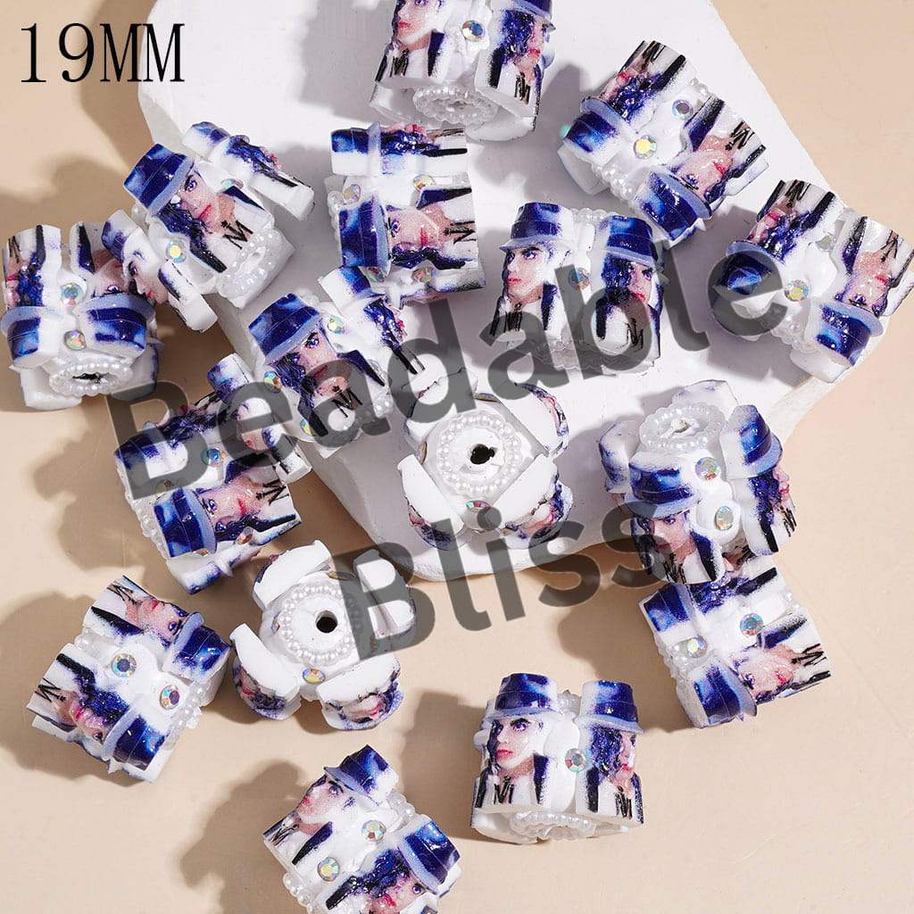 Clay Beads with Attractive USA American Singer Character in Blue Series and AB Rhinestones, White Pearl Chains, 19MM