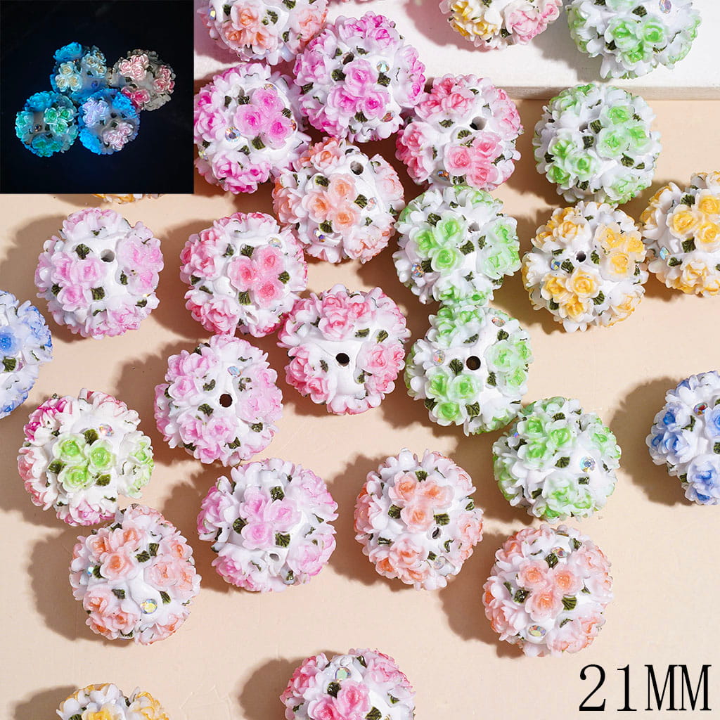 Clay Beads with Luminous Three Rose Flower Green Leaf and AB Rhinestones, 21MM Multi-Color Random Mix