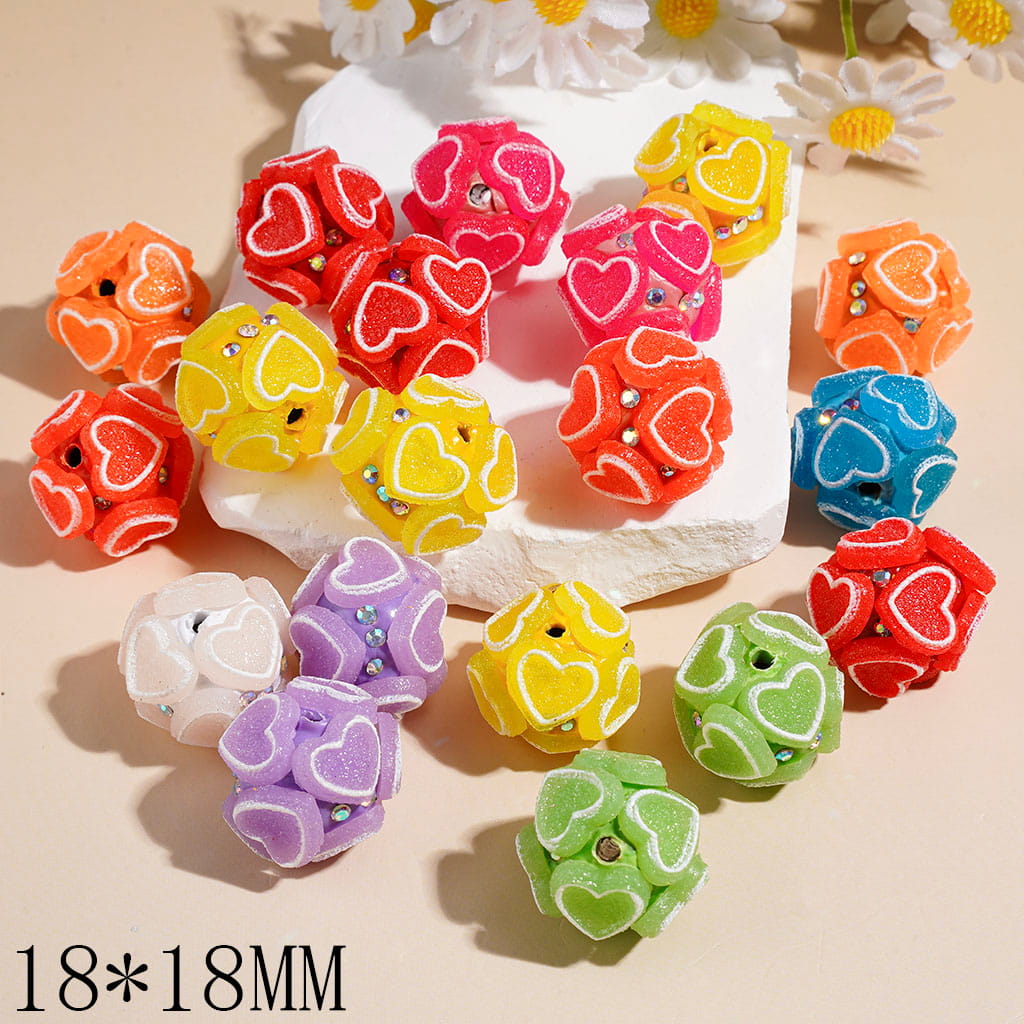 Clay Beads with White Borders Heart and AB Rhinestones, 18*18MM Macaron Colors Random Mix