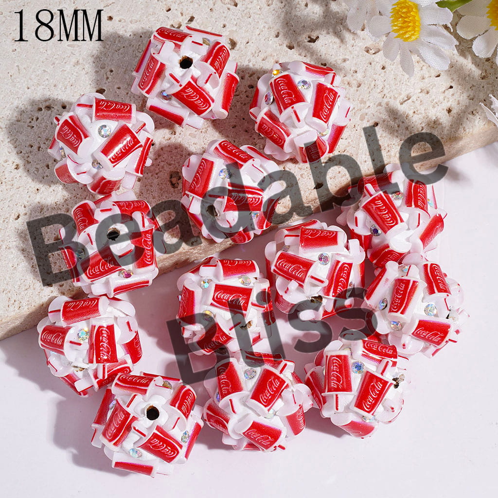 Clay Beads Red White Soda Cup and AB Rhinestones, 18MM