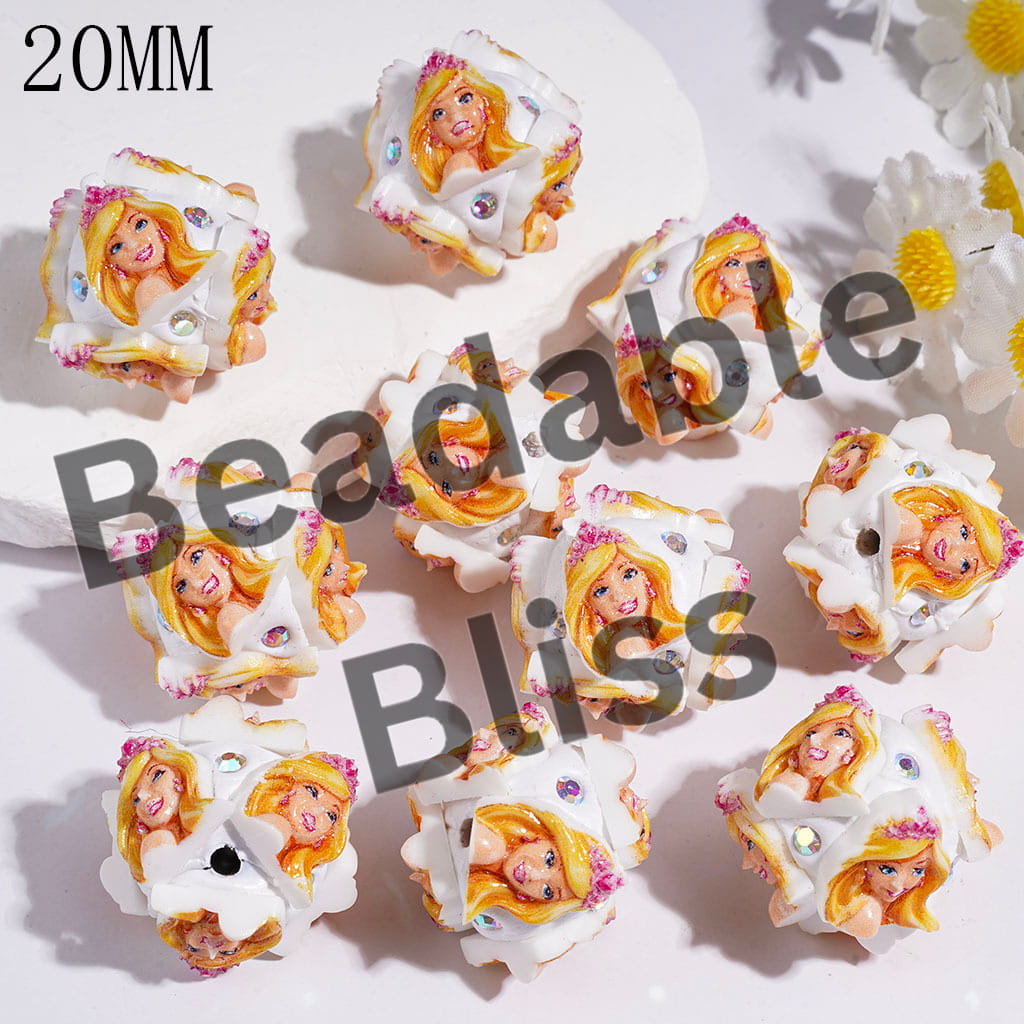 Clay Beads with Fashion Doll Girl Character and AB Rhinestones, 20MM