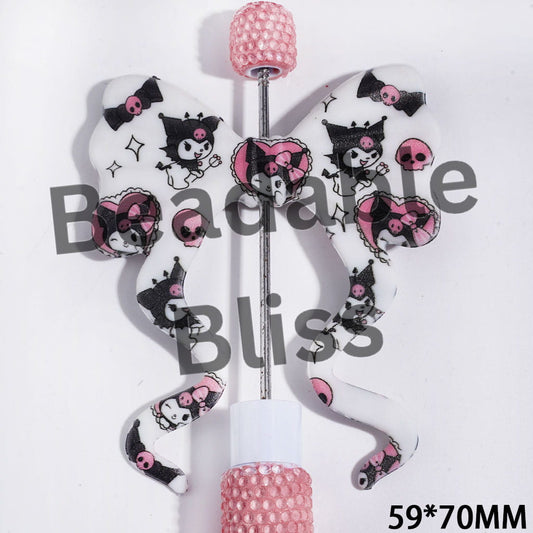 Silicone Focal Beads Bowknot with Long Ribbon & Skull Evil Girl Characters Patterns, 59*70MM, Random Mix