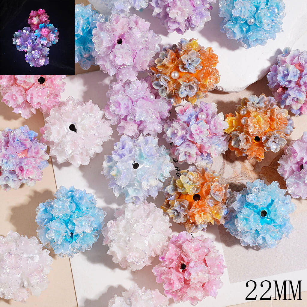 Clay Beads Luminous with Gold Glitter Gradient Flower and White Pearl, 22MM Multi-Color Random Mix