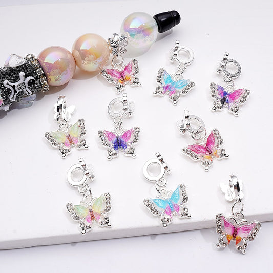 Silver Color Metal Beads with Bail Dangle Charm Pendant Jewelry Accessories Double‑Color Butterfly Rhinestones