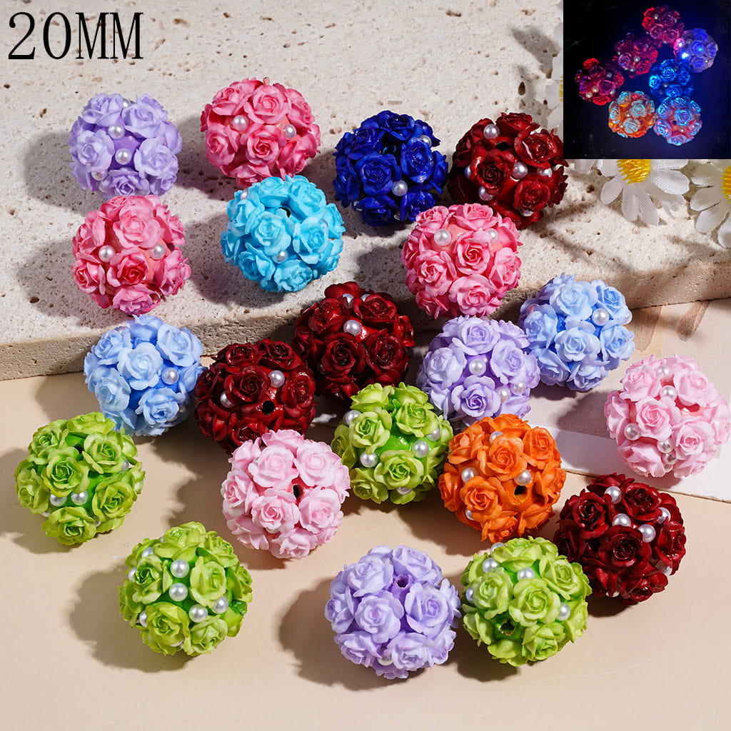 Clay Beads with Luminous Rose Flower and White Pearls, 20MM Multi-Color Random Mix