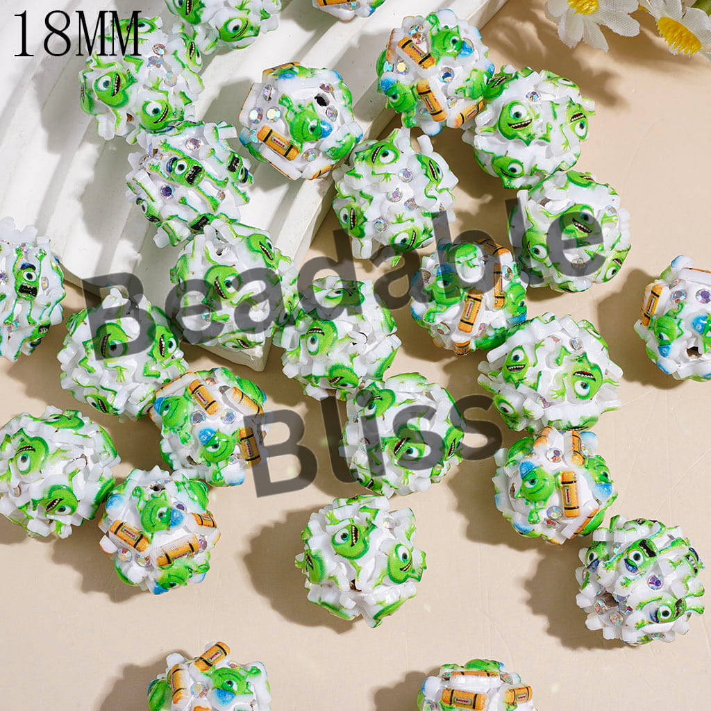 Clay Beads Funny Green One-Eyed Monster Character Series and AB Rhinestone, 18MM Random Mix