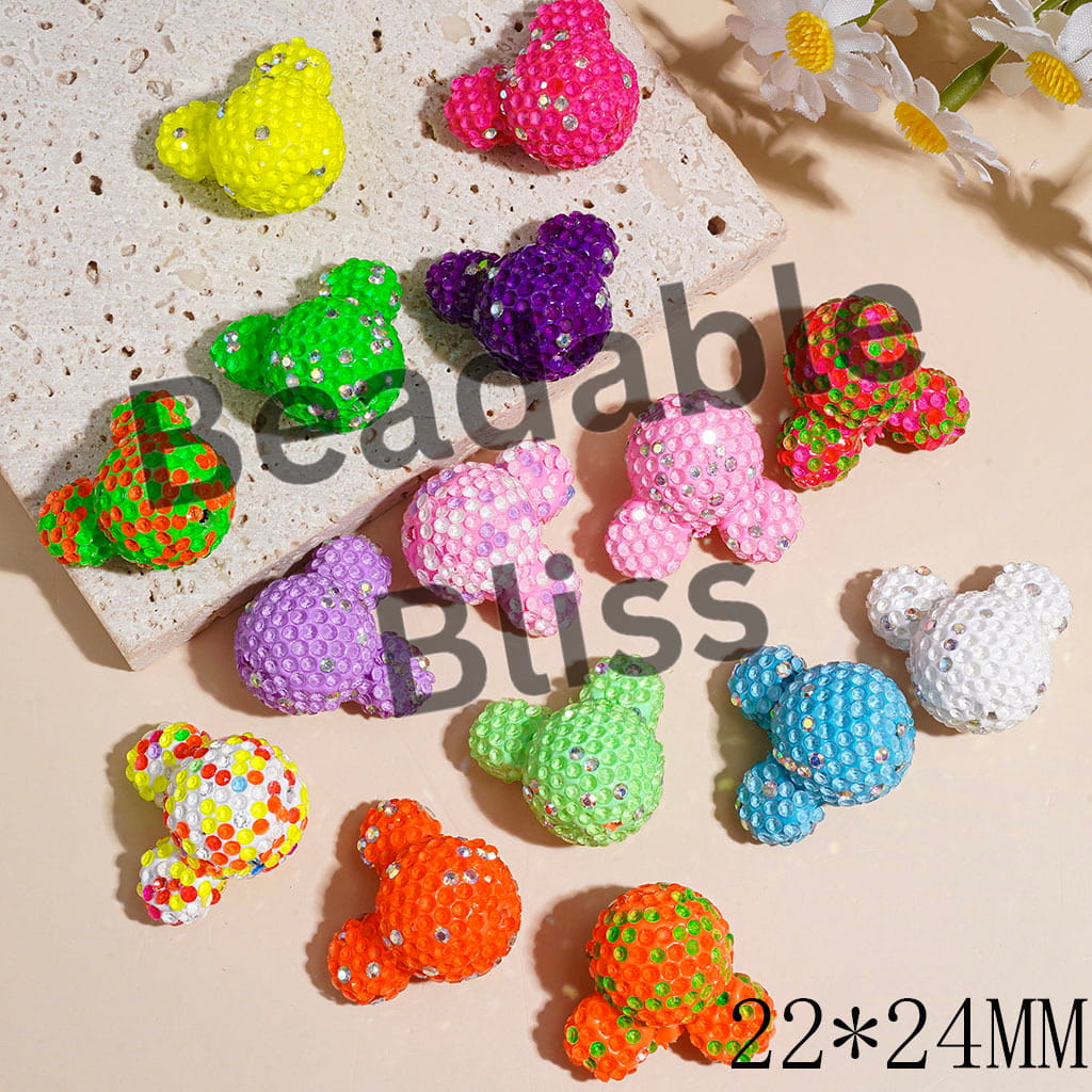 Clay Beads Mouse Head Design with Rhinestones, 22*24MM Multi-Color Random Mix