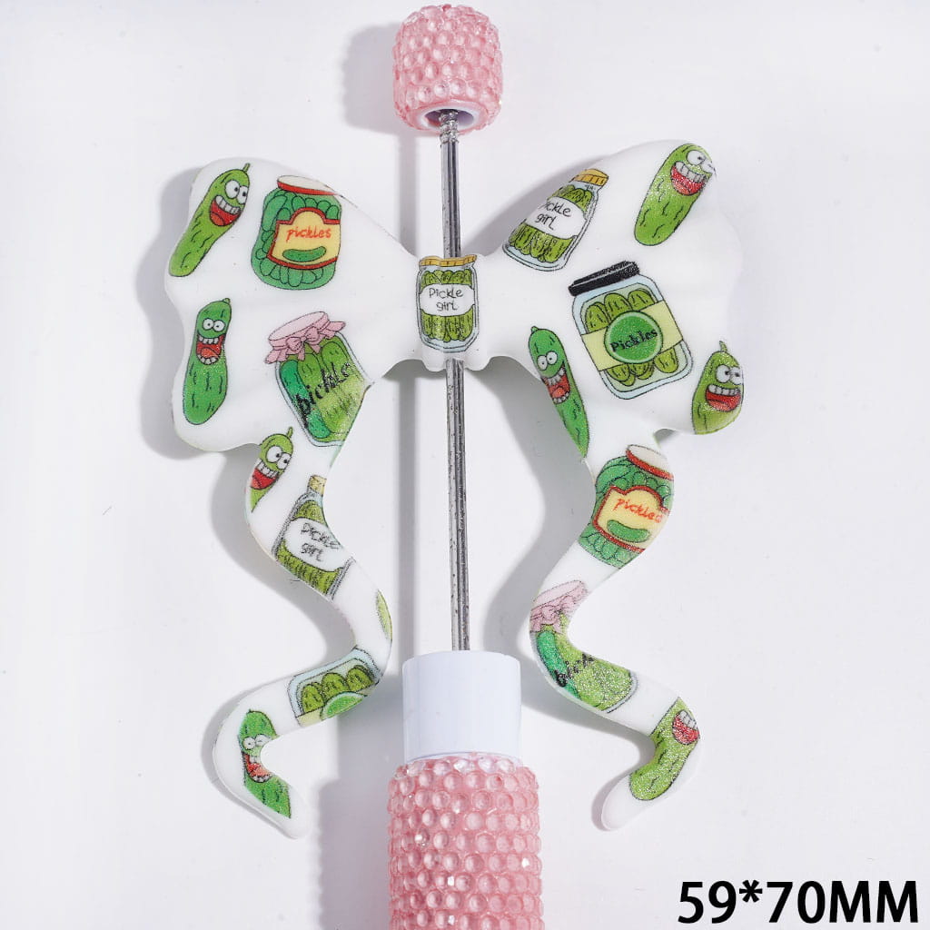 Printed PVC Soft Rubber Beads, Bowknot with Long Ribbon & Green Pickled Cucumber Patterns, 59*70MM, Random Mix