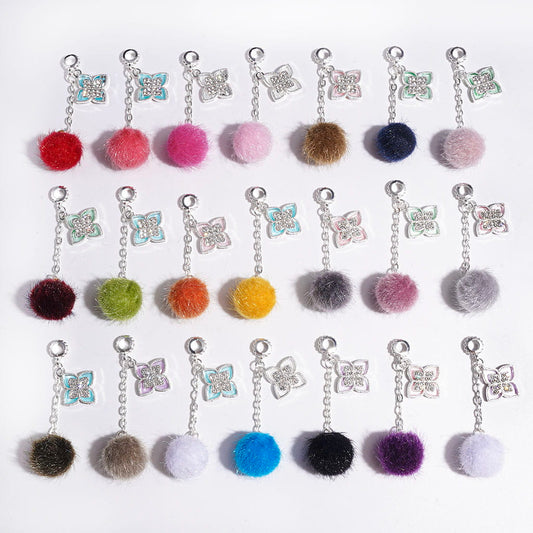 Alloy Bail Beads with Four Leaf Clover & Clear Rhinestones, Flocked Fluffy  Ball Charm Pendants, Multi-Color, Random Mix