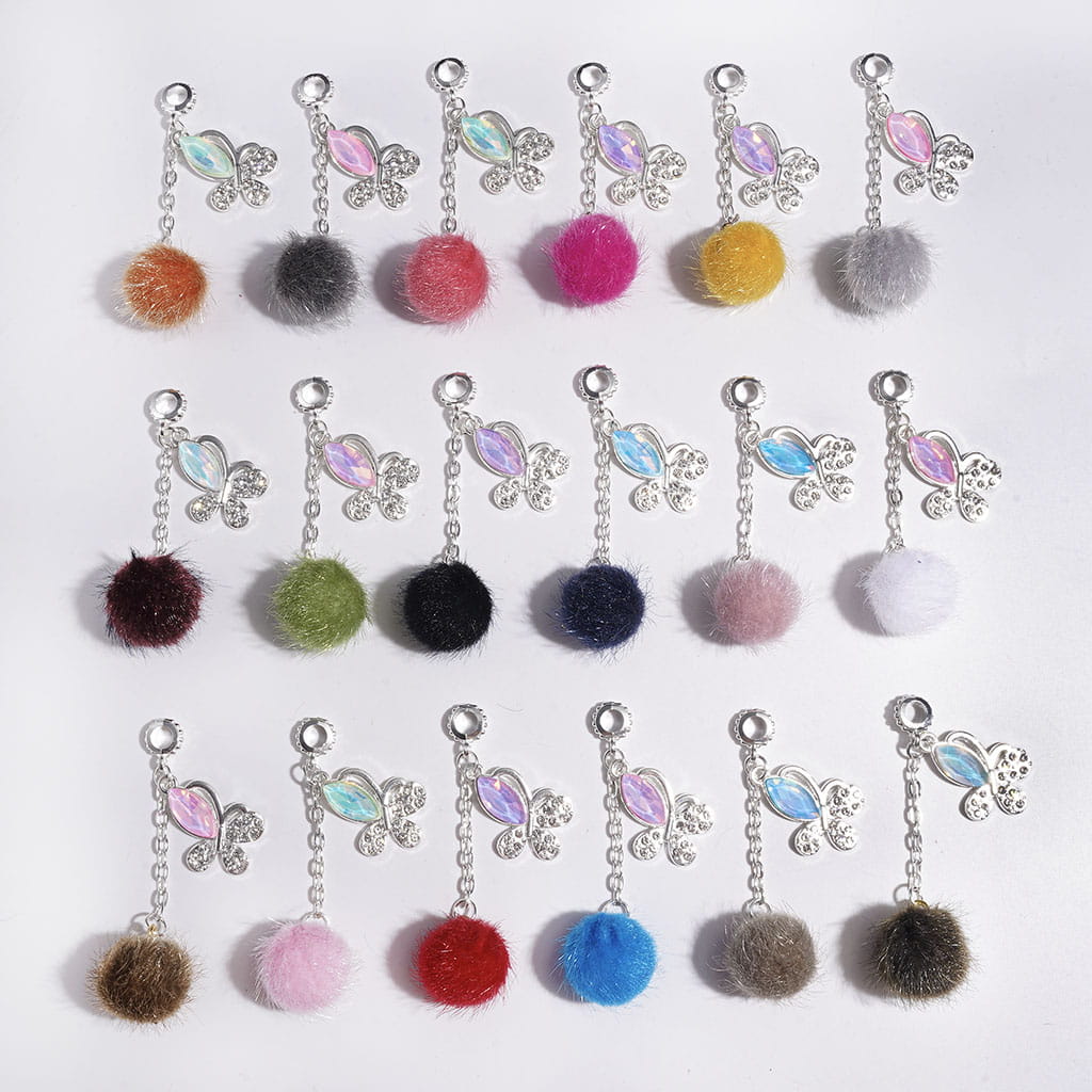 Alloy Bail Beads with Butterfly & Marquise Cut Crystal, Flocked Fluffy  Ball Charm Pendants, Multi-Color, Random Mix