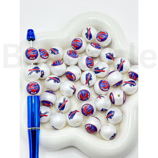 White beads with Buffalo Bills logo on a white tray


