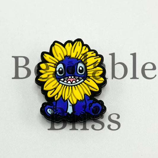 Blue Stech with Yelllow Sunflower Cartoon Silicone Focal Beads