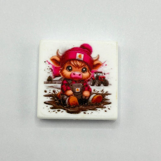 Cute Highland Cow Calf with Red Hat Sitting in Mud Puddle Silicone Focal Beads