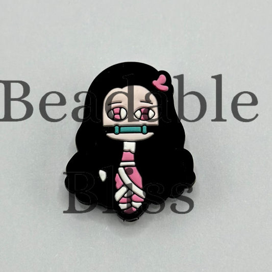 Damon Sleyar Black Wavy Hair Girl with Pink Heart Silicone Focal Beads