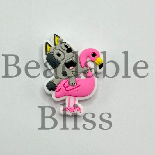 A Cute Dog Riding Pink Flamingo Cartoon Silicone Focal Beads (Ship out in Around 4-6 Days after Ordering)