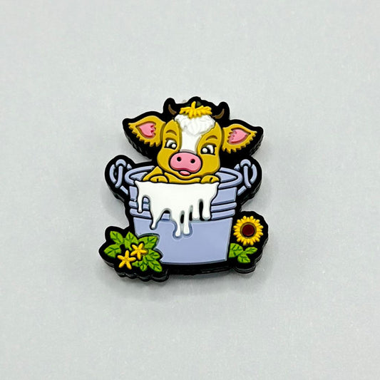 A Cute Yellow Cow Calf in the Milk Pot with Sunflower Silicone Focal Beads