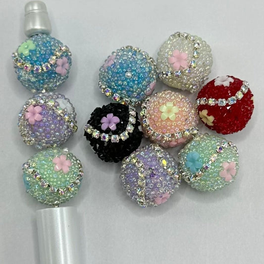Fancy Multicolor Sparkling Chain Flower Round Sugar Acrylic Beads 16mm Random Mix