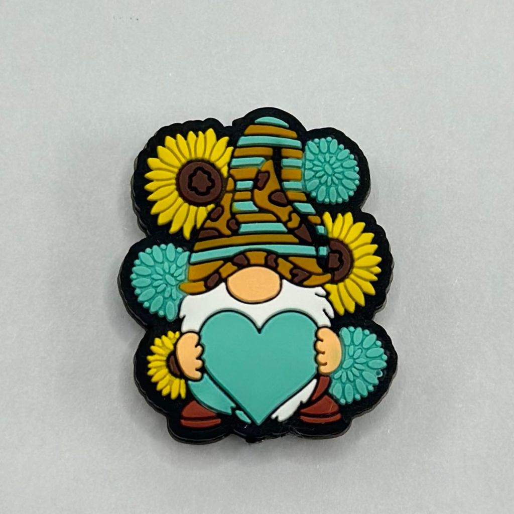 Gnome with a Teal Heart and Yellow Sunflower and Aztec Flower Silicone Focal Beads