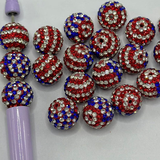 Clay Beads with Rhinestones USA Flag the US Patriotic 16mm