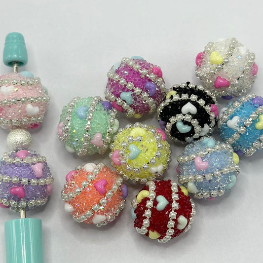 Fancy Sugar Beads with Hearts Pearls Clear Rhinestones 20mm Random Mix
