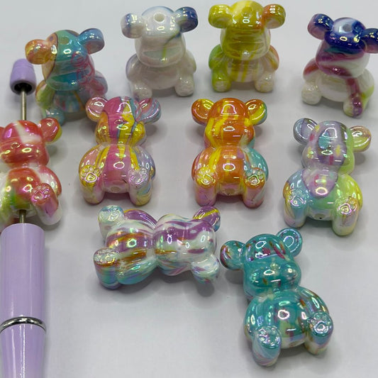 Teddy Bear Acrylic Beads with Water Painting Pattern Warm Colors Glossy Double Sided 22*32mm