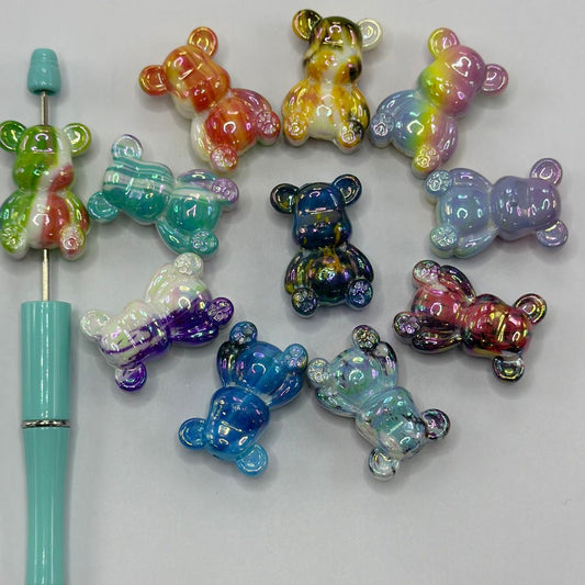 Teddy Bear Acrylic Beads with Water Painting Pattern Cold Colors Glossy Double Sided 22*32mm
