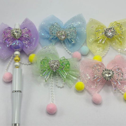 Bow Beads, Mix of Fancy Acrylic Beads in Bowtie Shape, Ribbon with Pom Pom and Rhinestone Heart