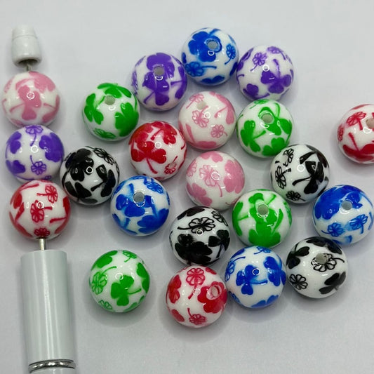 Acrylic Beads with White Background Shamrock Lucky Leaf Clover in Various Colors 16mm