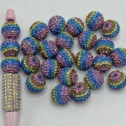 Round Disco Ball Shaped Clay Beads, Rainbow Style with Multicolor Rhinestones, 16mm
