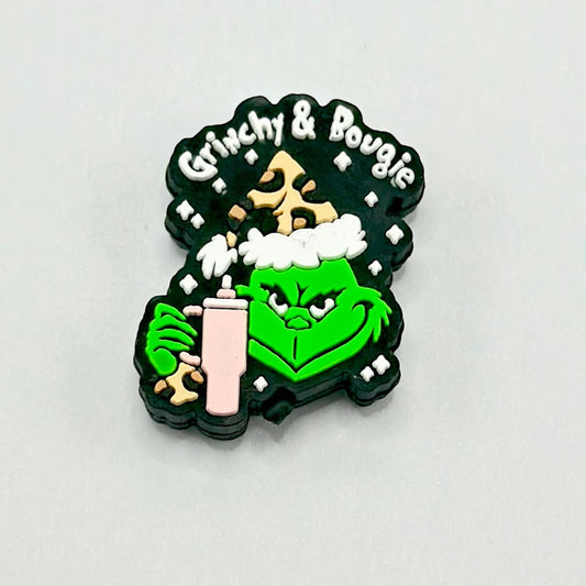 Green Christmas Monster with Coffee Cup "Grin Bougie" Silicone Focal Beads  (ship out in around 4-6 Days after ordering)