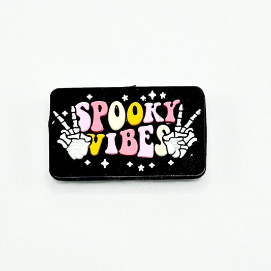 Black Bead with Colorful Text 'Spooky Vibes' with Hand Skull Silicone Focal Beads