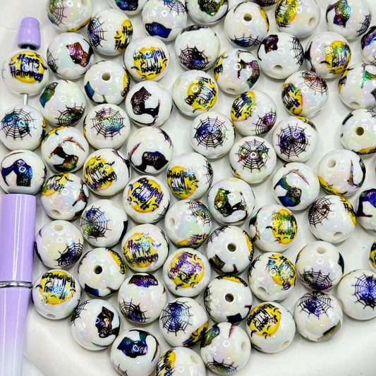 Halloween Pumpkin Spider Net Scary Round Acrylic Beads 16mm Random Mix
