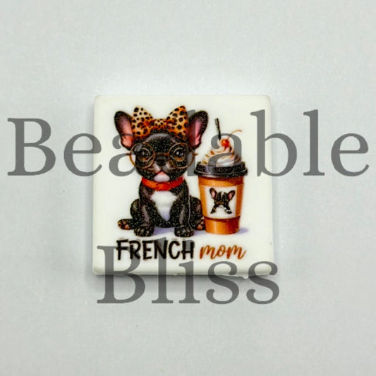 French Mom, A Cute Bulldog Wearing Glasses and Bow with Coffee Cup Silicone Focal Beads