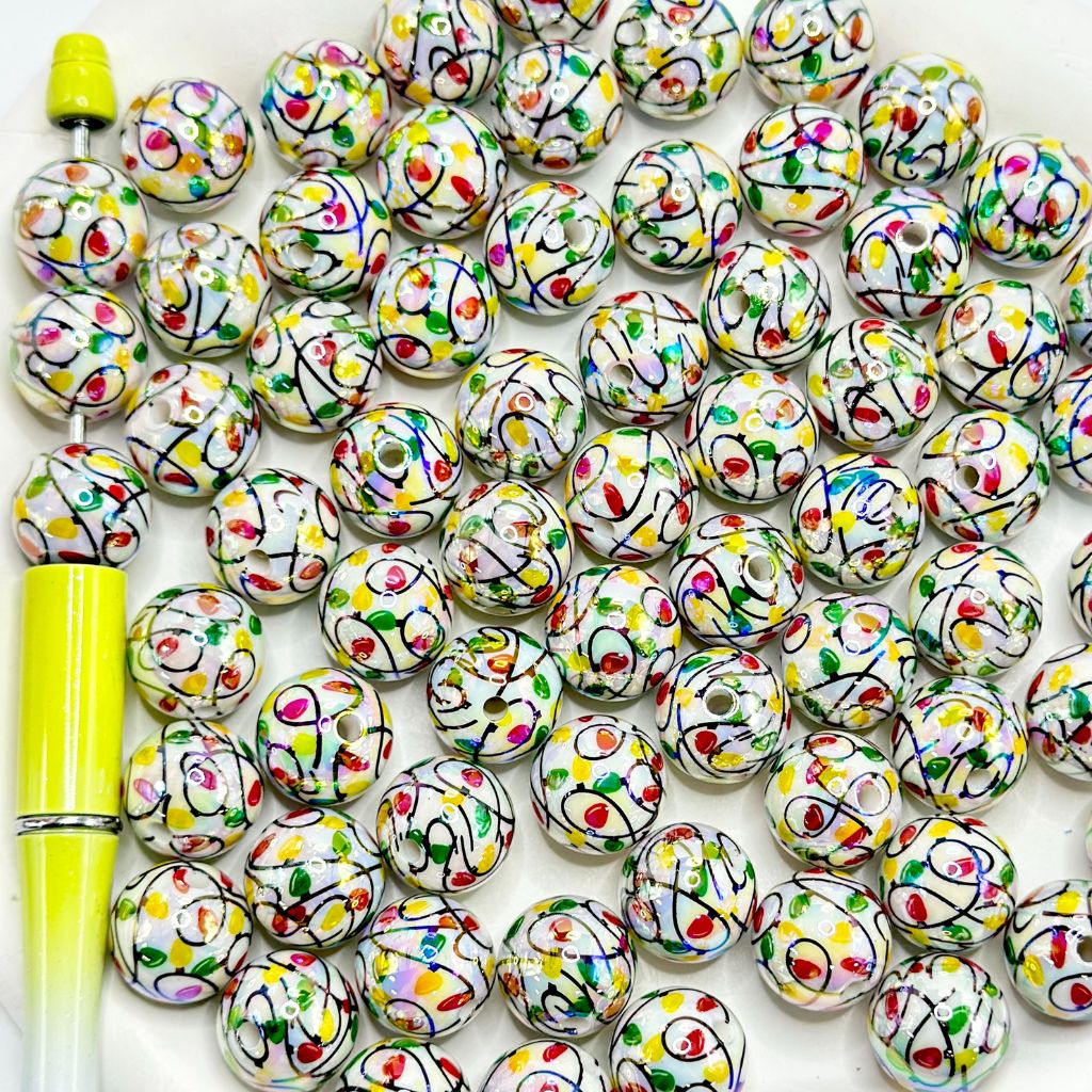 Christmas Swirls Flowers Lights Pattern Round Acrylic Beads 16mm