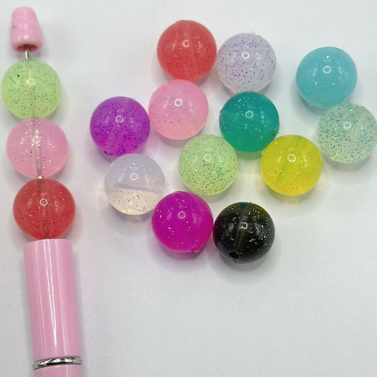 Silicone Beads in Jelly Colors with Glitter, Round Random Mix, 15mm