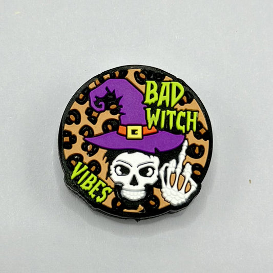 Halloween Skull with Purple Hat and Jaguar Print, Bad Witch Vibes, Round Silicone Focal Beads