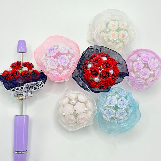 Rose Beads in Fancy Flower Bouquet Shape, Acrylic Beads for Valentines Day, 30mm, Random Mix Color