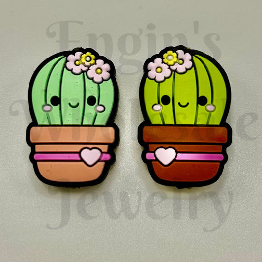 Cute Smile Cactus with Flower Silicone Focal Beads, Random Mix