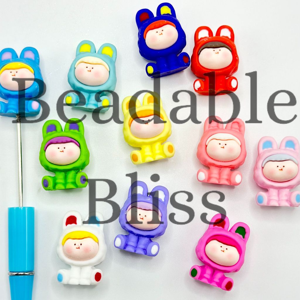 Little Cute Kids with Bunny Ears Rabbit Beads and Pen Toppers