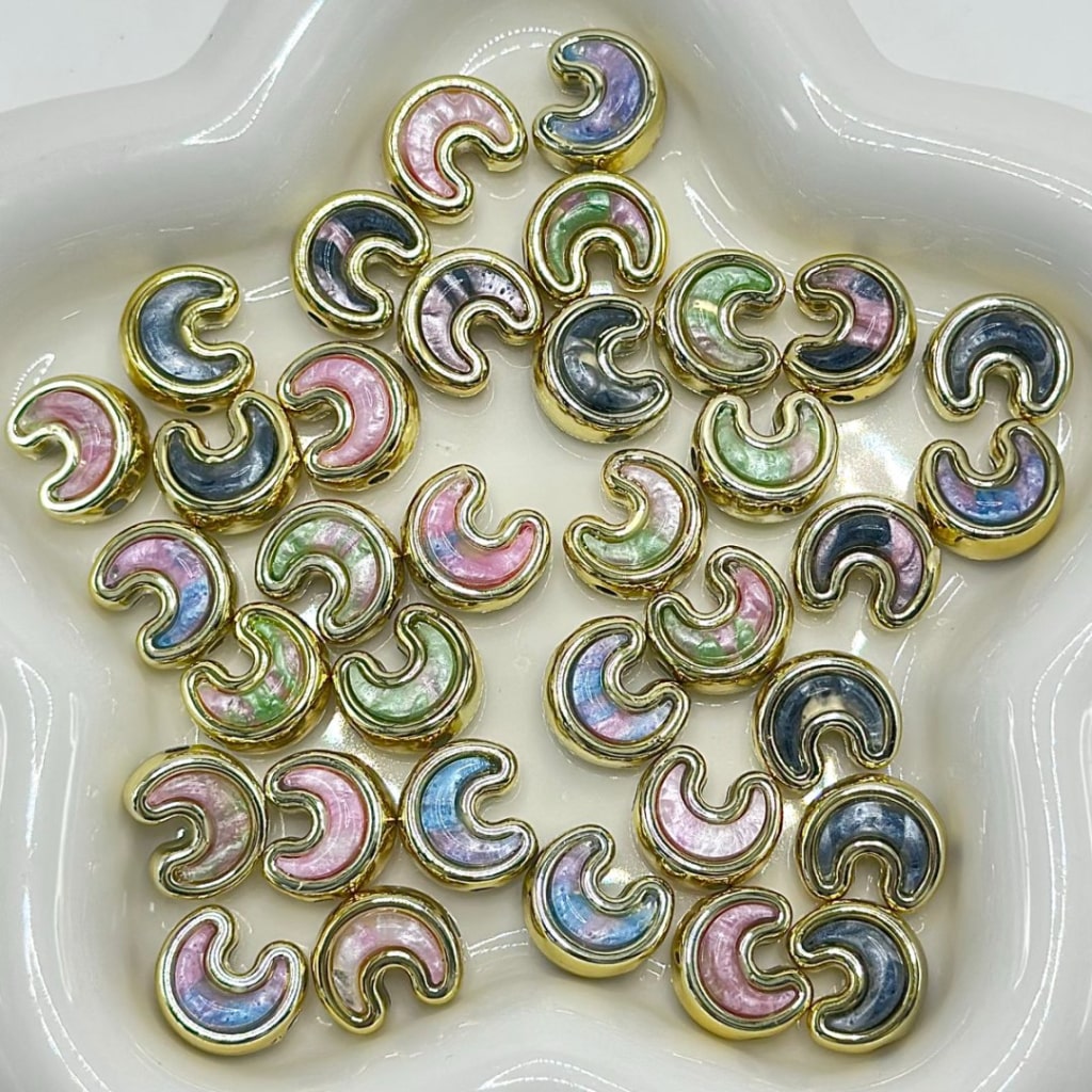 Gold Silver Color Crescent Moon Acrylic Beads Colorful Rhinestone Inside, 15*13MM