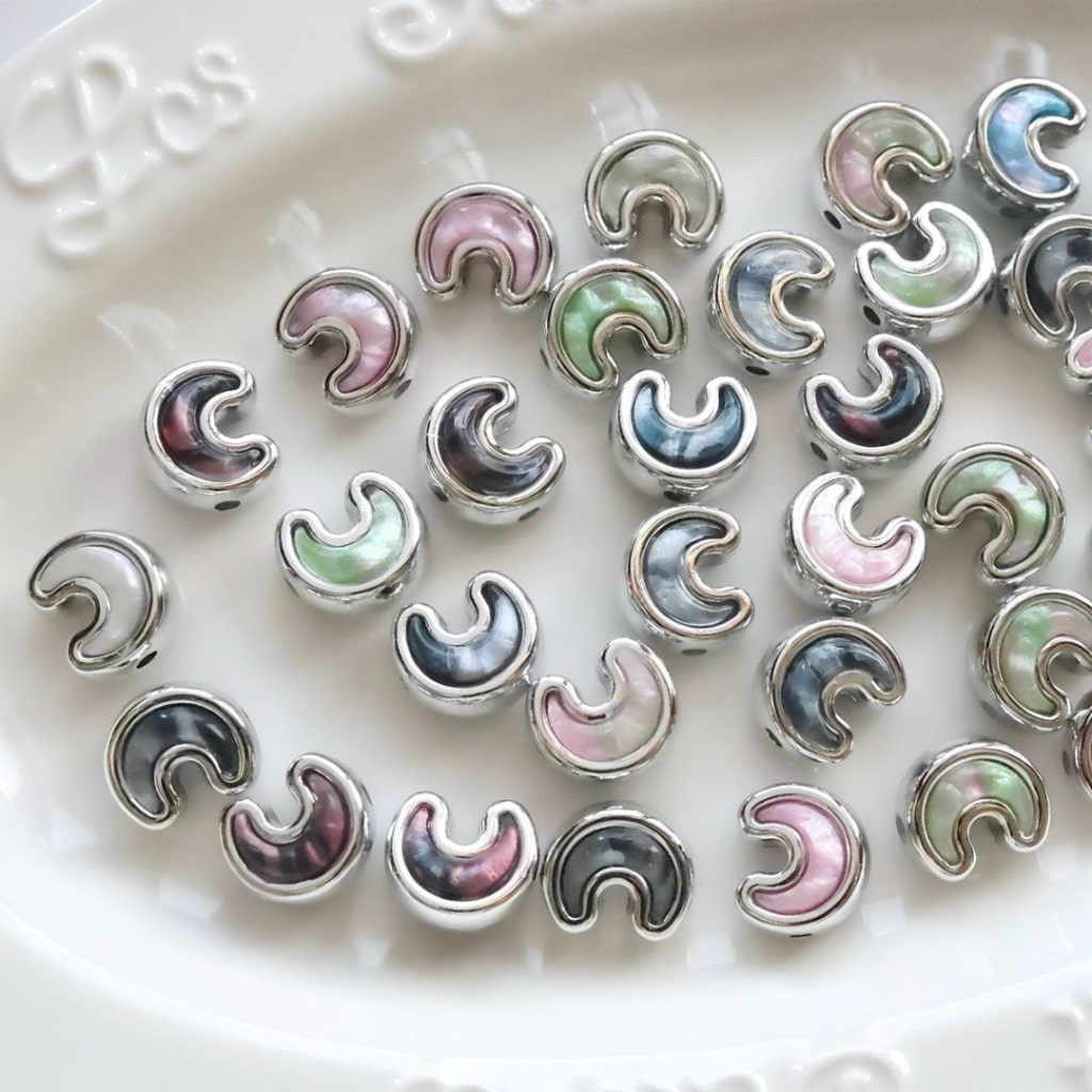 Gold Silver Color Crescent Moon Acrylic Beads Colorful Rhinestone Inside, 15*13MM