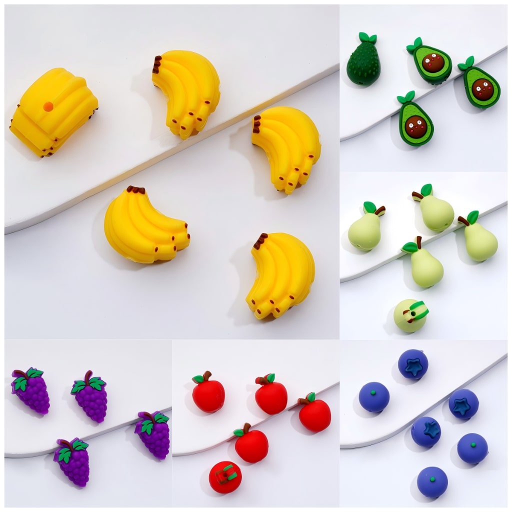 3D Cute Vivid Fruits Avocado Pear Grape Apple Blueberry Banana Silicone Focal Beads (This Focal has a Pleasant Fragrance)