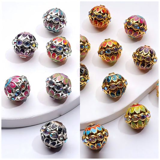 Gold Silver Alloy Nepal Beads with Colorful Paintings AB Rhinestones, Around 15*16MM