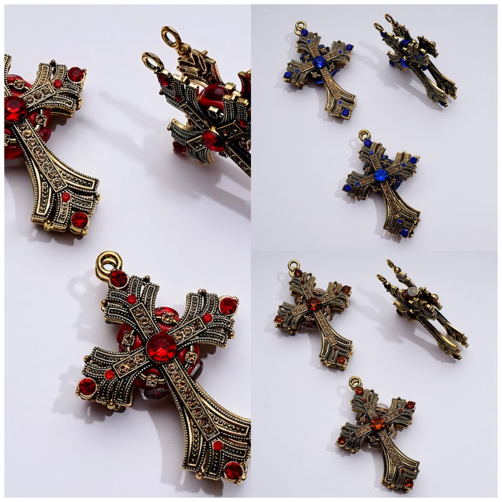 Large Delicate Fancy Dark Gold Alloy Cross with Small Ring Shiny Rhinestones Clay Beads, Around 74*52MM
