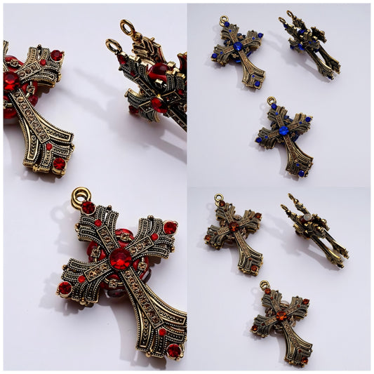 Large Delicate Fancy Dark Gold Alloy Cross with Small Ring Shiny Rhinestones Clay Beads, Around 74*52MM